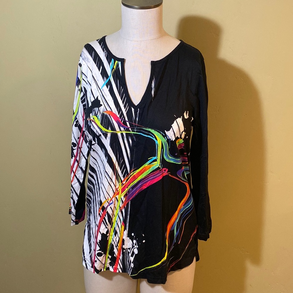 NWOT SNOSKINS Long Sleeve TOP Black Colorful Rainbow XS X Small